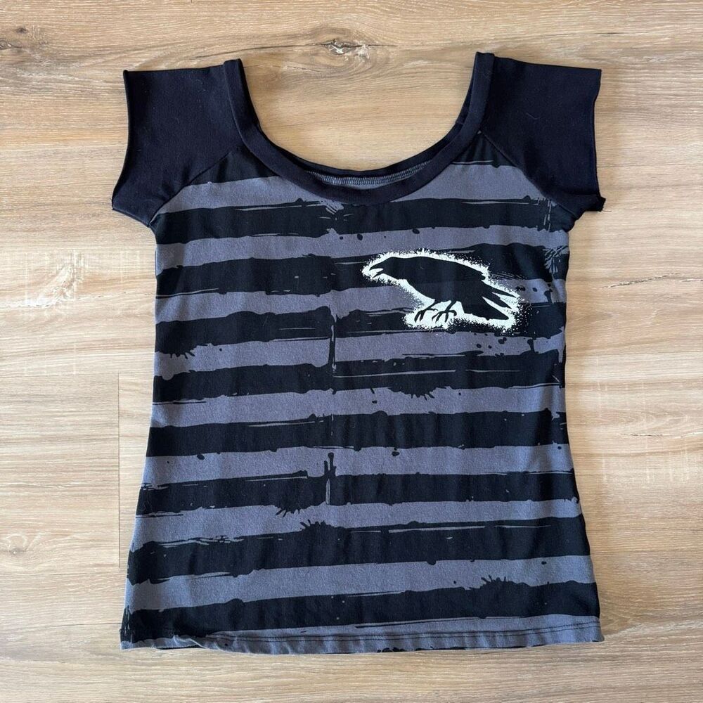 Kreepsville 666 Womens Off Shoulder Nevermore Series Black & Gray Top Goth Sz L